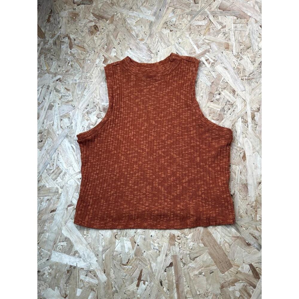 Almost Famous Knit Tank Top Womens Large Rust Orange Ribbed Mock Neck Sleeveless